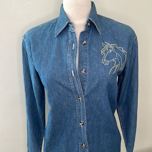 Equestrian horse Jean denim chambray western button up down shirt top s small - Picture 1 of 6